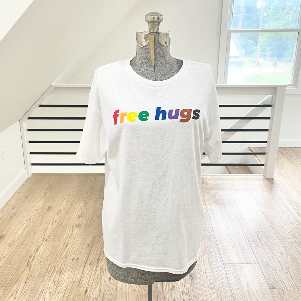 Pride month: free hugs, white rainbow colorful, short sleeve, crewneck T-shirt